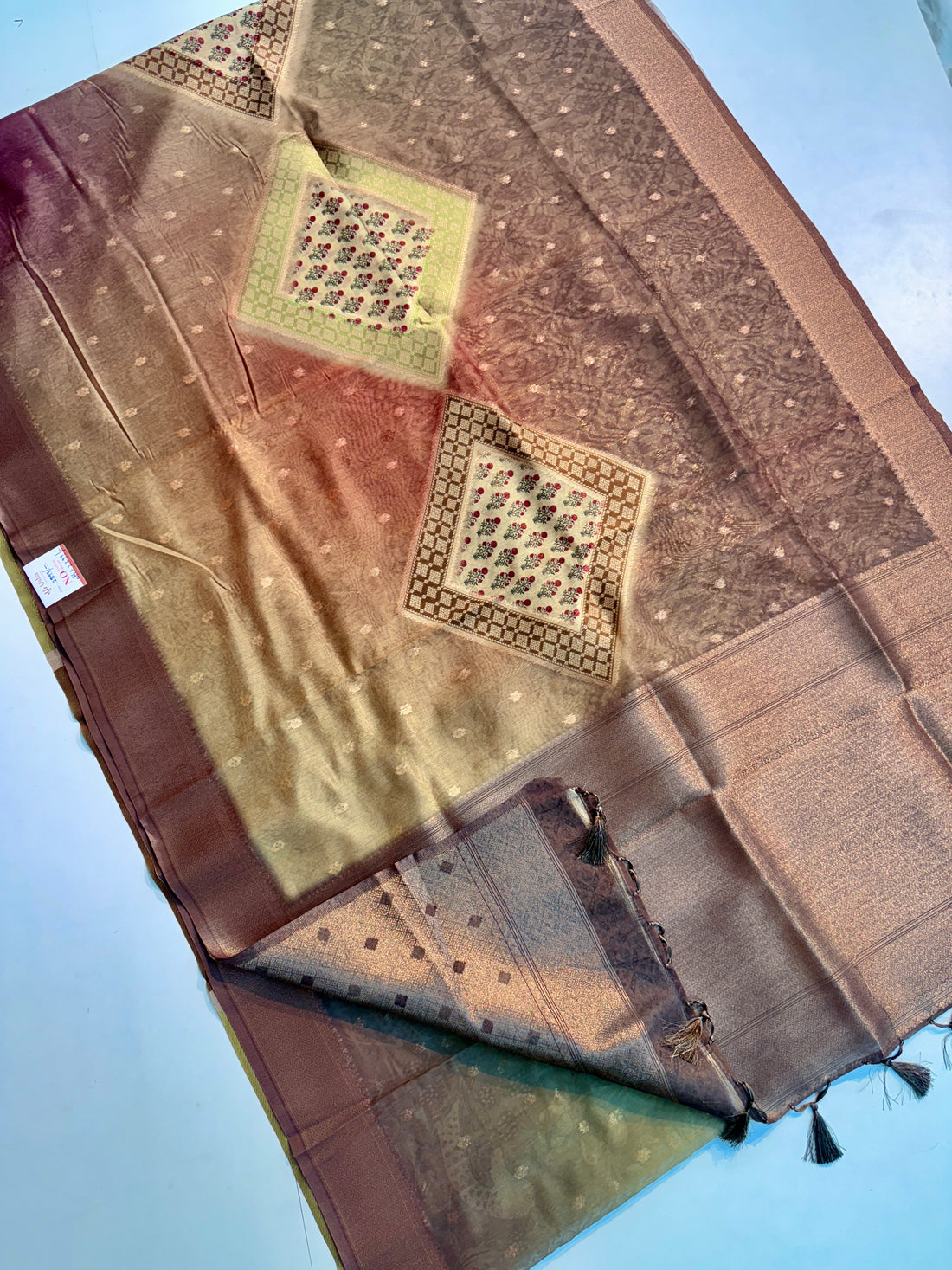 Position Print Sarees Softkora With Banarasi Weving