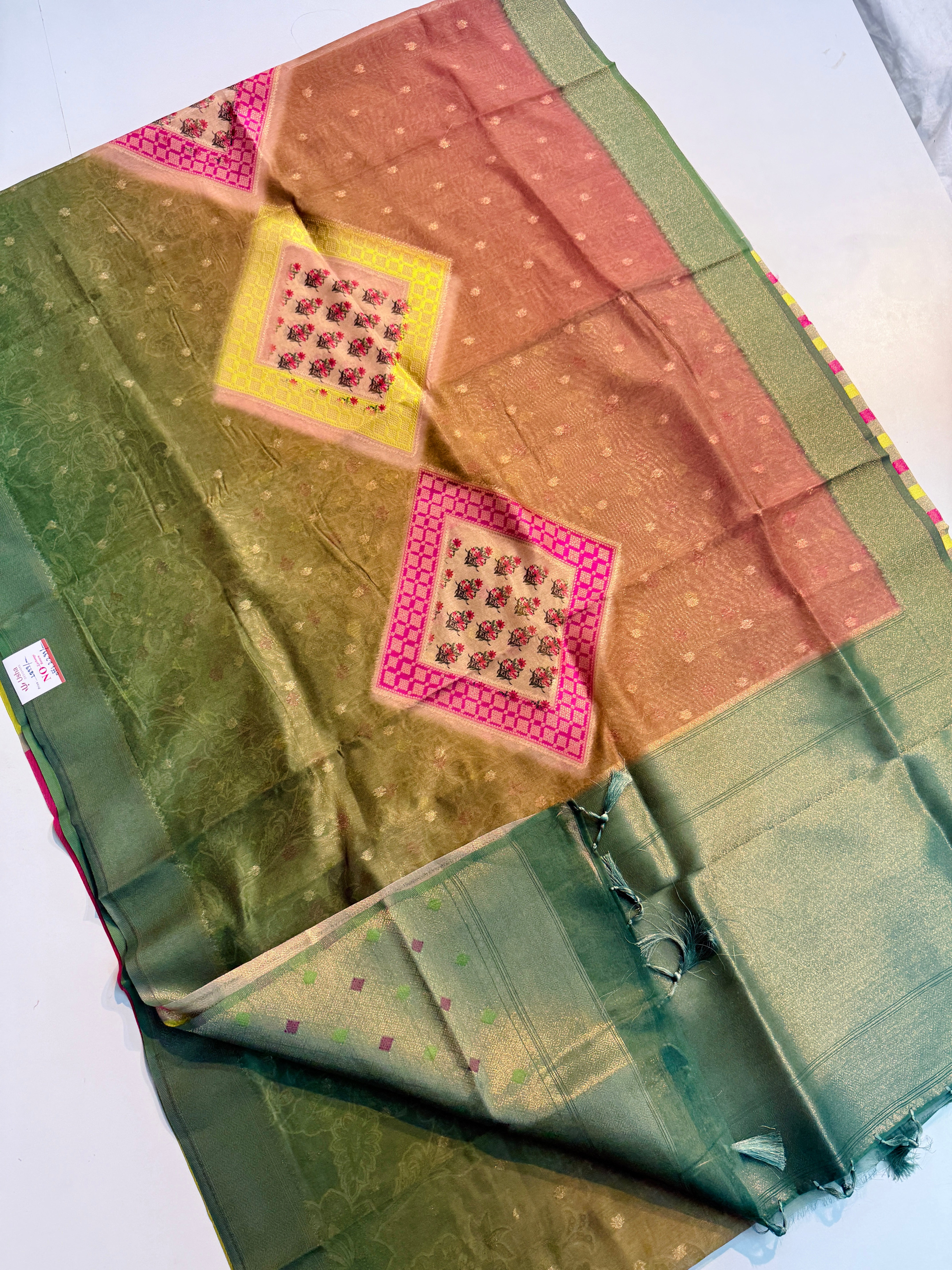 Position Print Sarees Softkora With Banarasi Weving