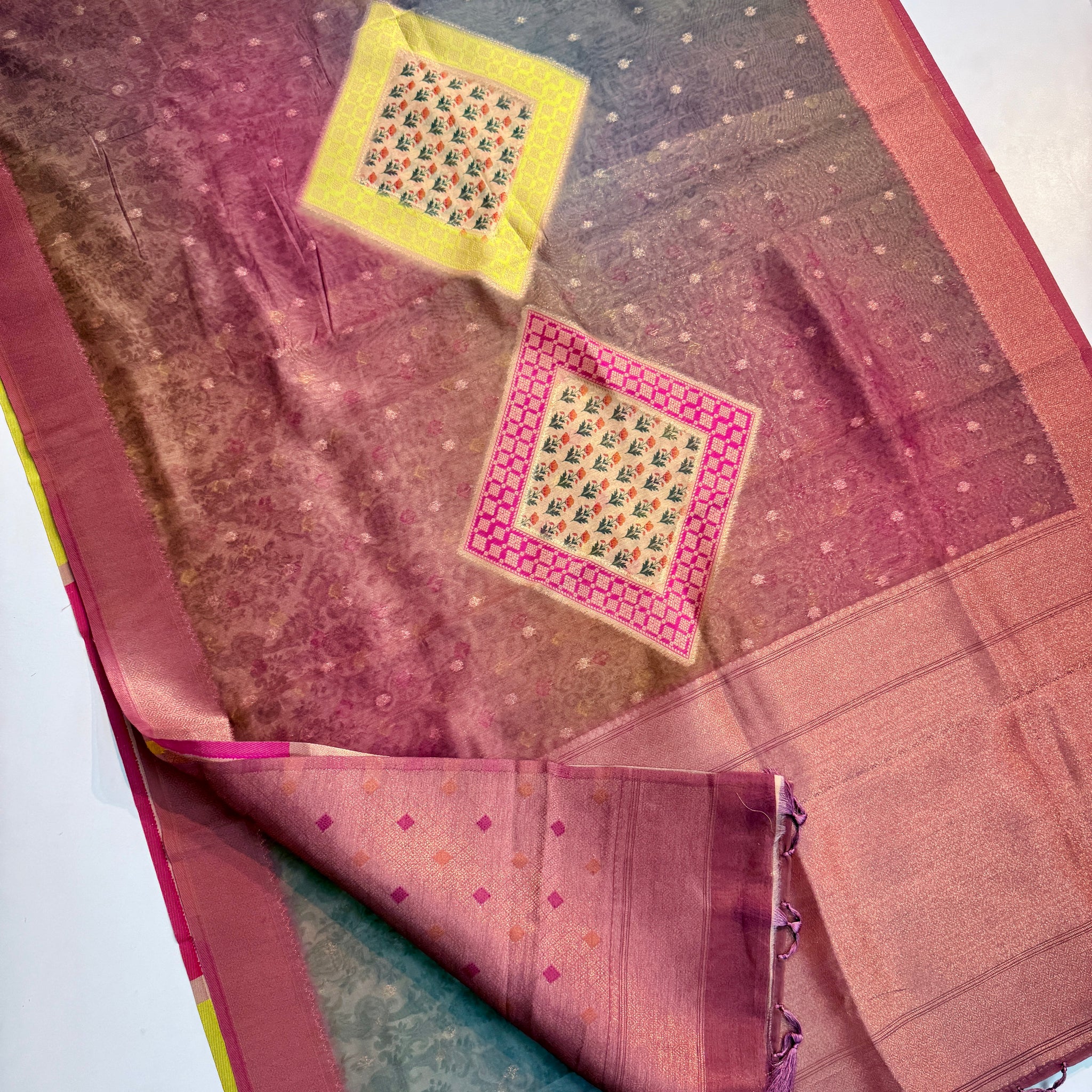 Position Print Sarees Softkora With Banarasi Weving