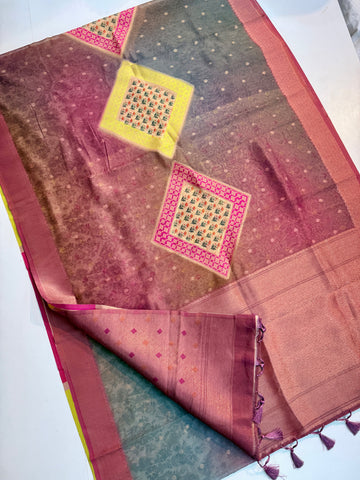 Position Print Sarees Softkora With Banarasi Weving