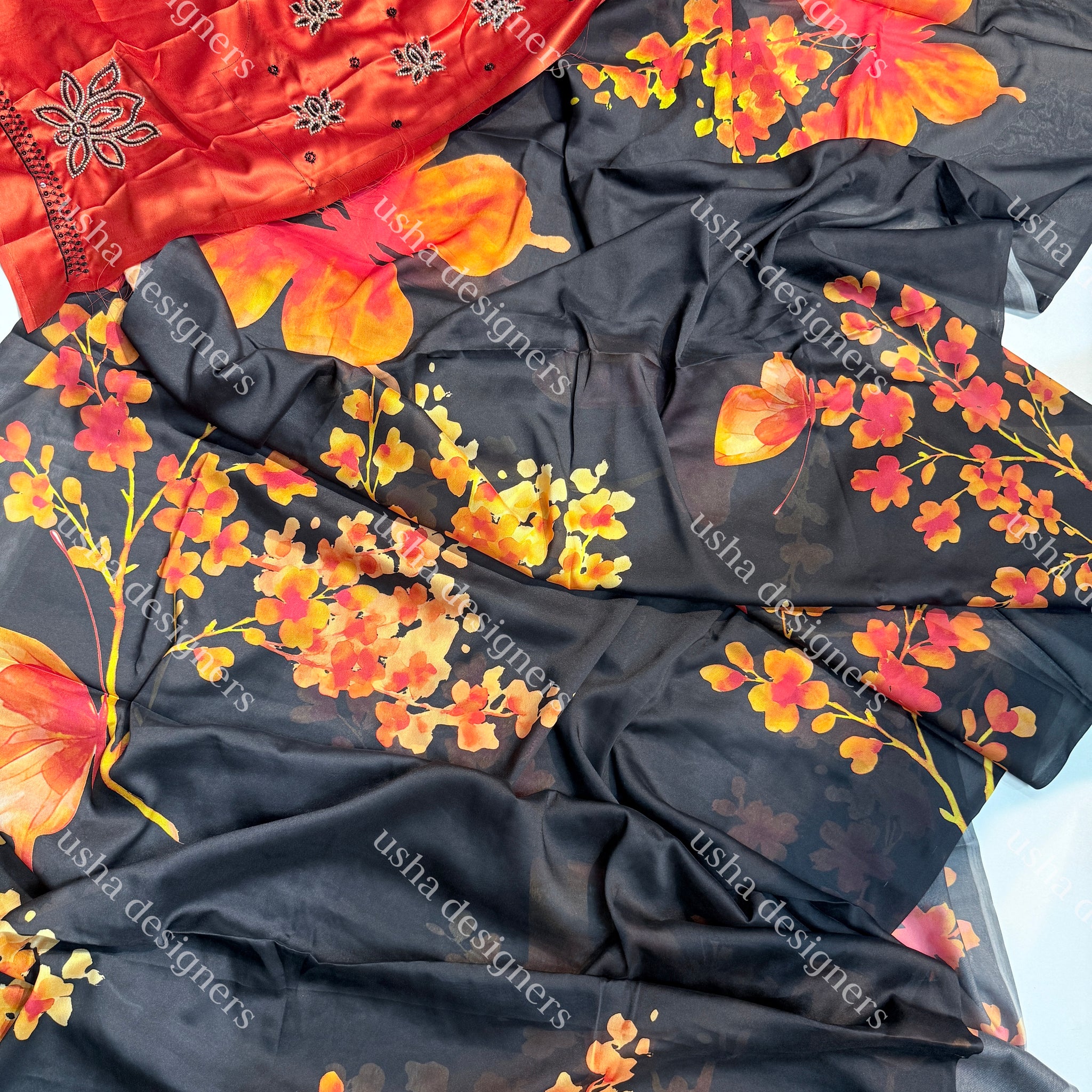 Trendy Orange With Black saree