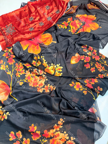 Trendy Orange With Black saree