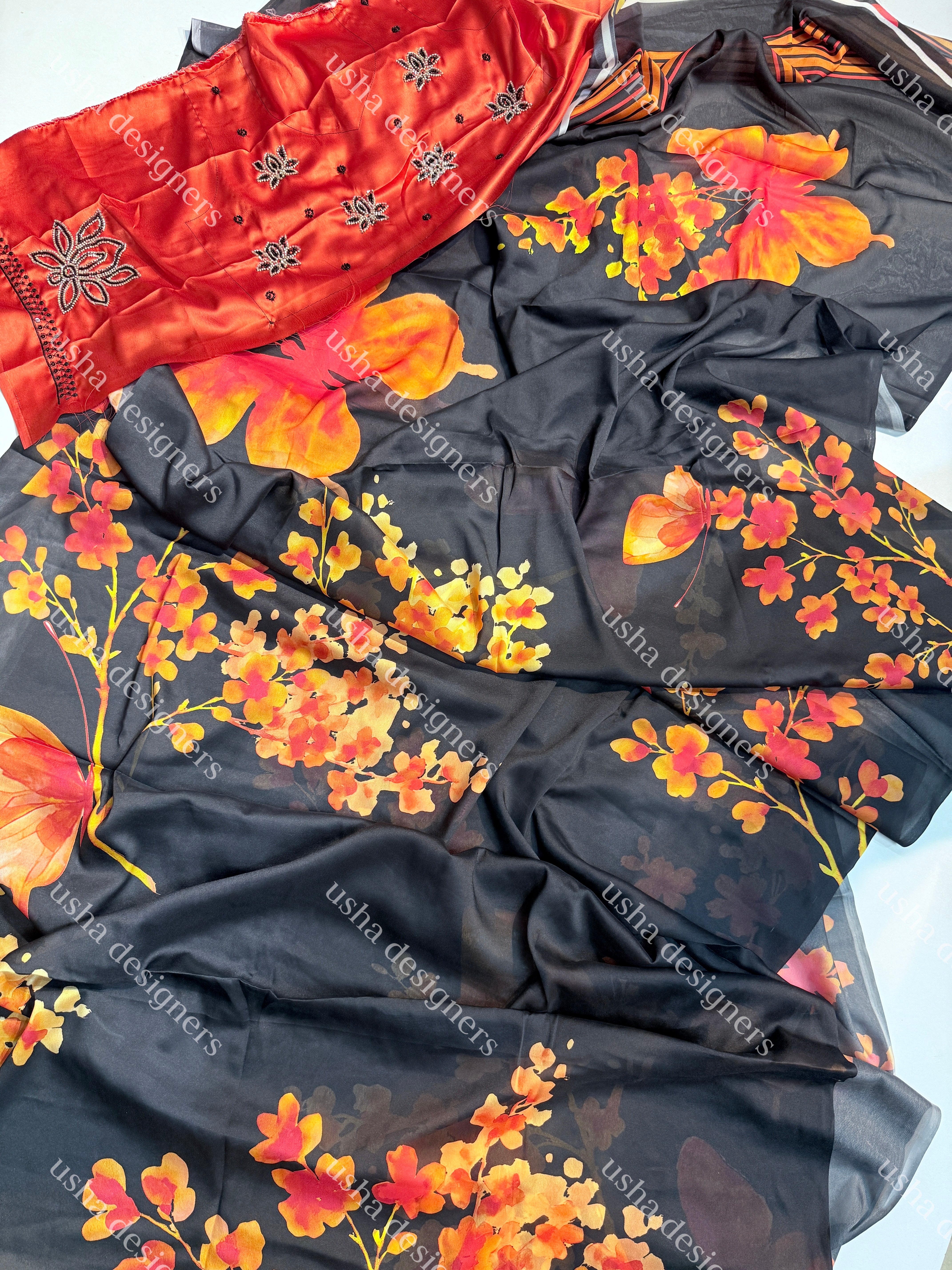 Trendy Orange With Black saree