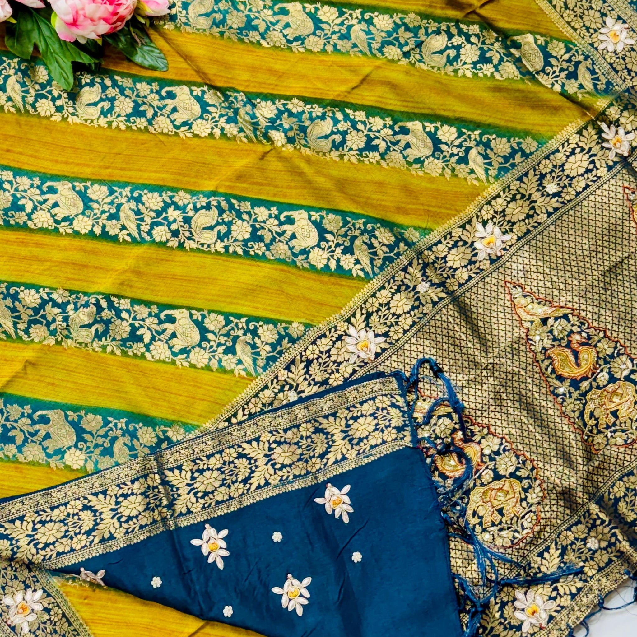 Benarasi weaving with lehariya style and maggam saree