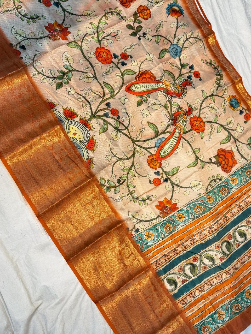 Kalankari With Fancy Kanchi Border Saree