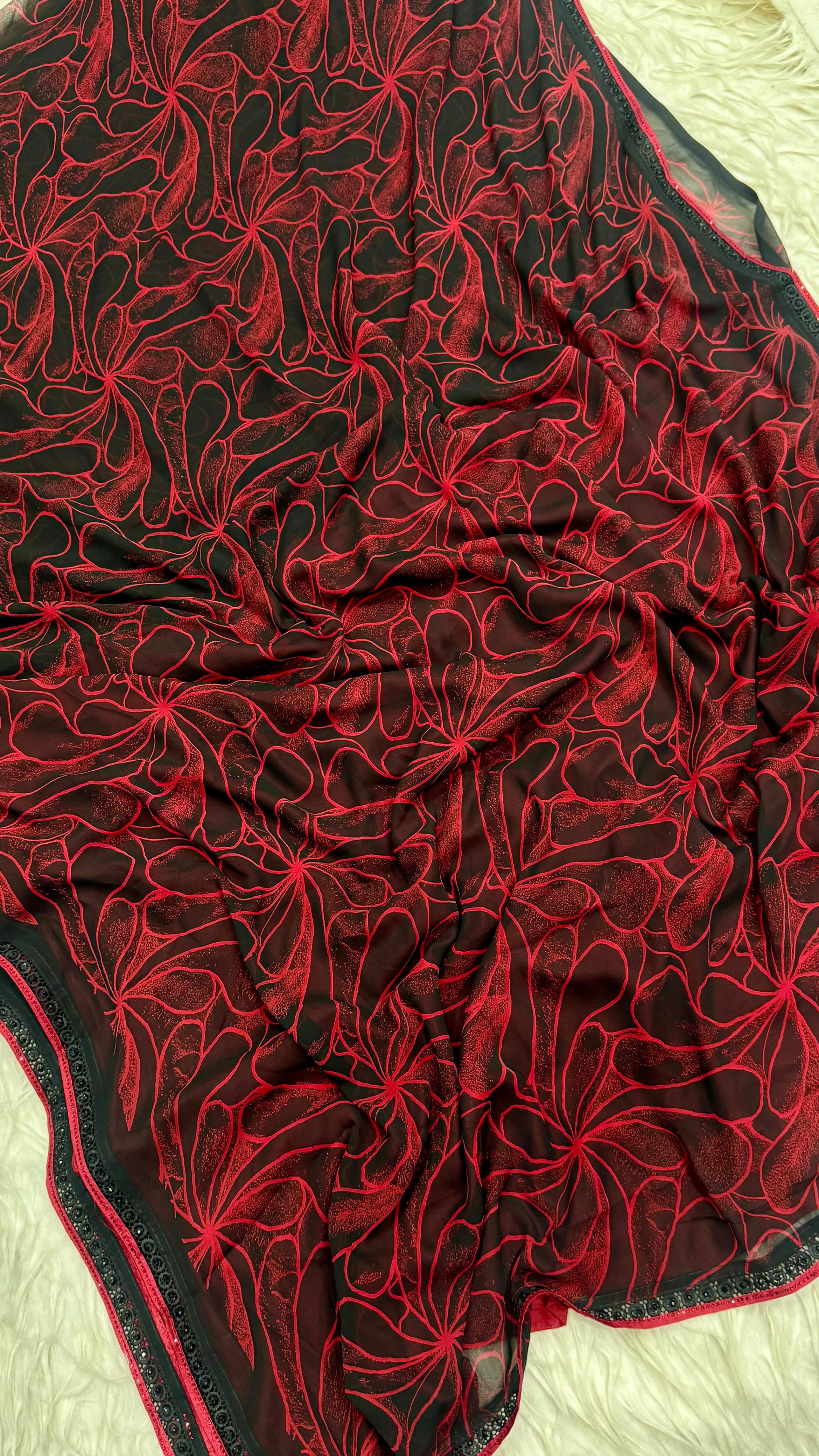 Hot Red And Black Saree