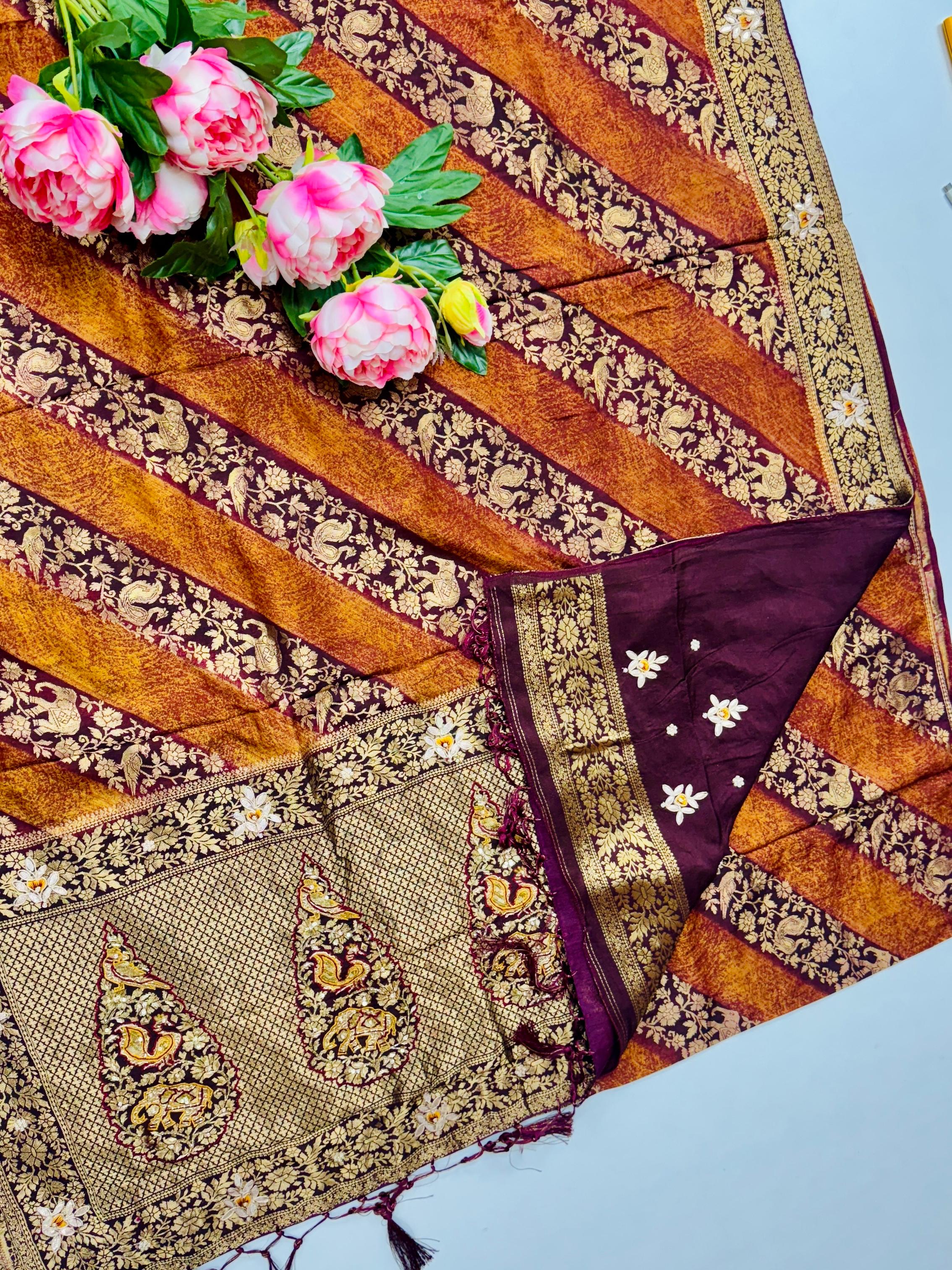 Benarasi weaving with lehariya style and maggam saree